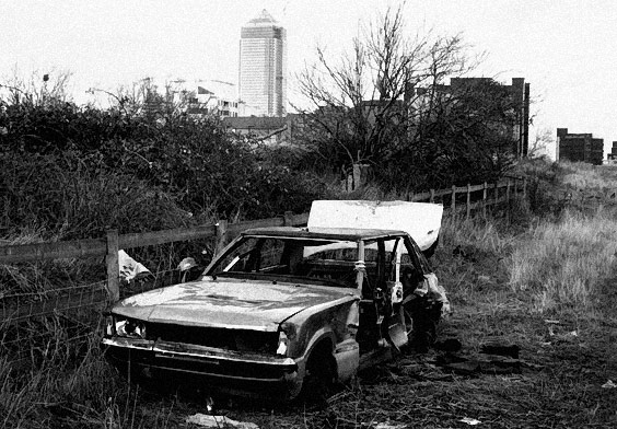 Car wreck, Mudchute, Isle of Dogs, 1994 