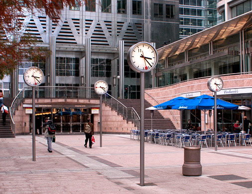Clocks on sticks, Canary Wharf, November 2002