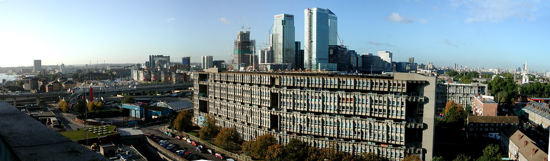 Robin Hood Gardens and Canary Wharf, Isle of Dogs, October 2001