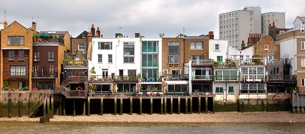 River view of The Grapes, Narrow Street, Limehouse, June 2003