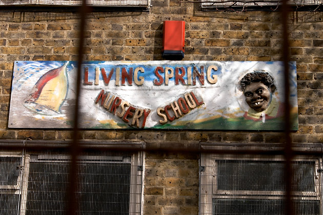 "Living Spring" nursery school sign, Cambridge Heath Road, April 2004