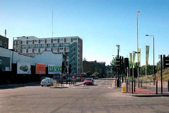 Junction of Burdett Road and Mile End Road, July 2003